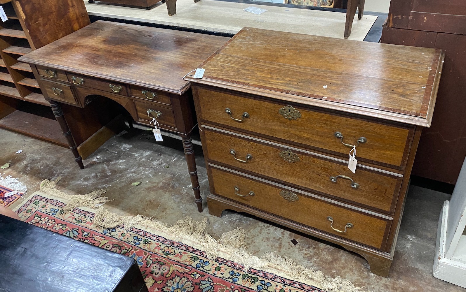 A Regency mahogany kneehole dressing table and a George III banded oak chest of three drawers, width 96cm depth 54cm height 87cm